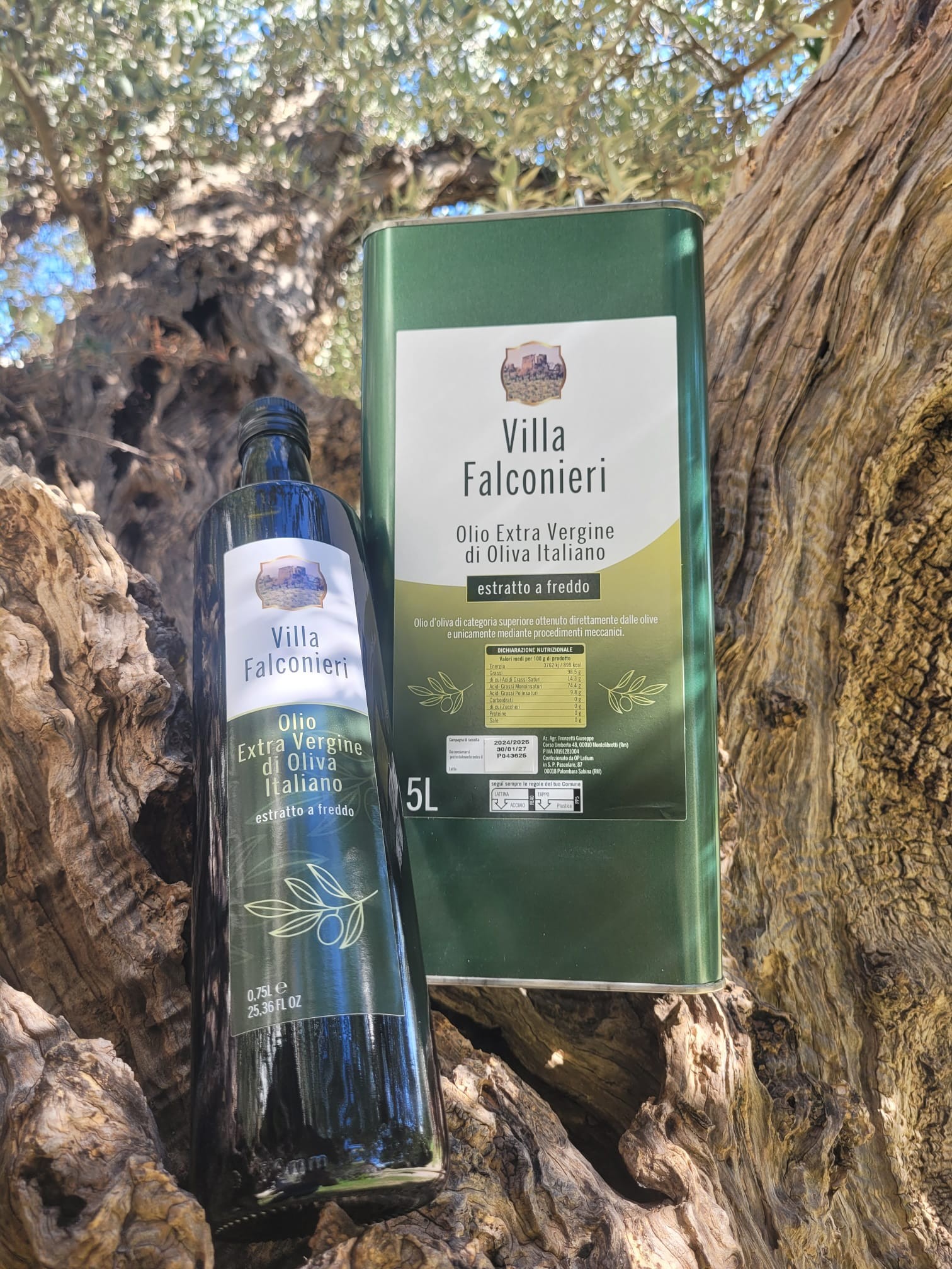 Bottiglia e latta Villa Falconieri Olio Extra Vergine di Oliva Italiano